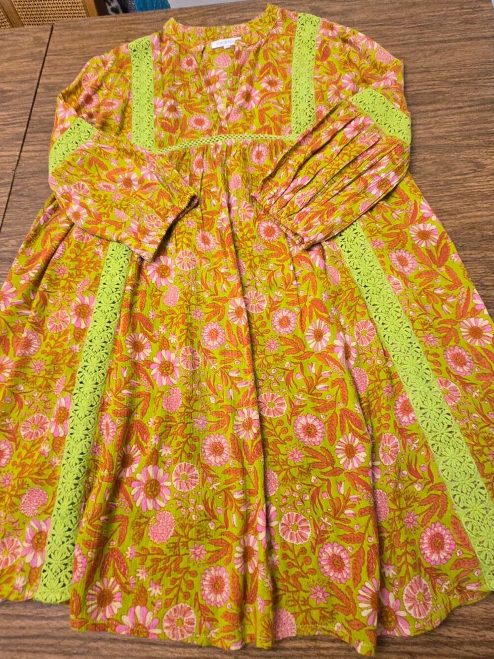 CHICOSOLEIL Women's Boho Multi-Floral Long Sleeves Tunic Dress w/Lace Trim - XS